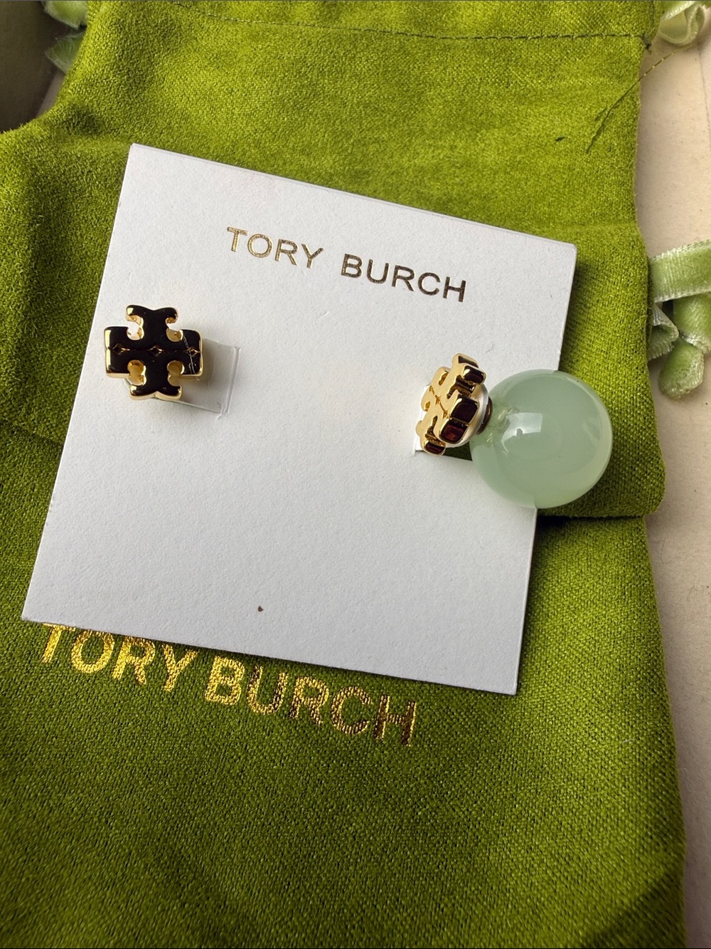 Tory Burch Gold-Tone Logo Stud Earrings with Pale Green Orb reversible - Picture 2 of 5